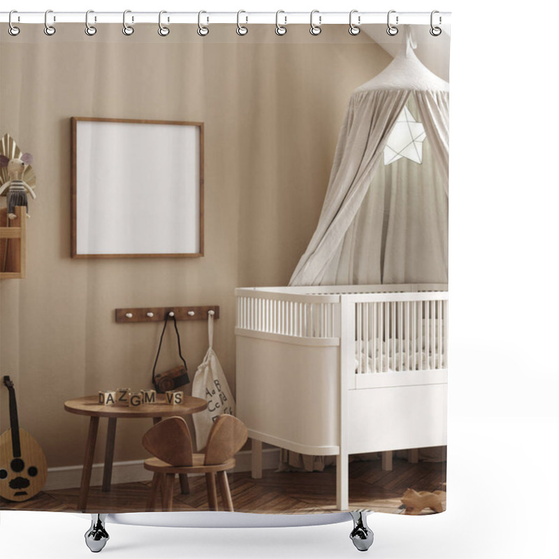 Personality  Mockup Frame In Cozy Beige Children Room Interior Background, 3D Render Shower Curtains