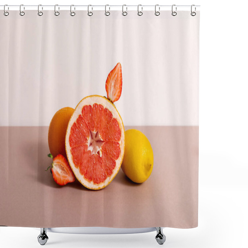 Personality  Fruit Composition With Citrus Fruits And Strawberry Isolated On Beige Shower Curtains