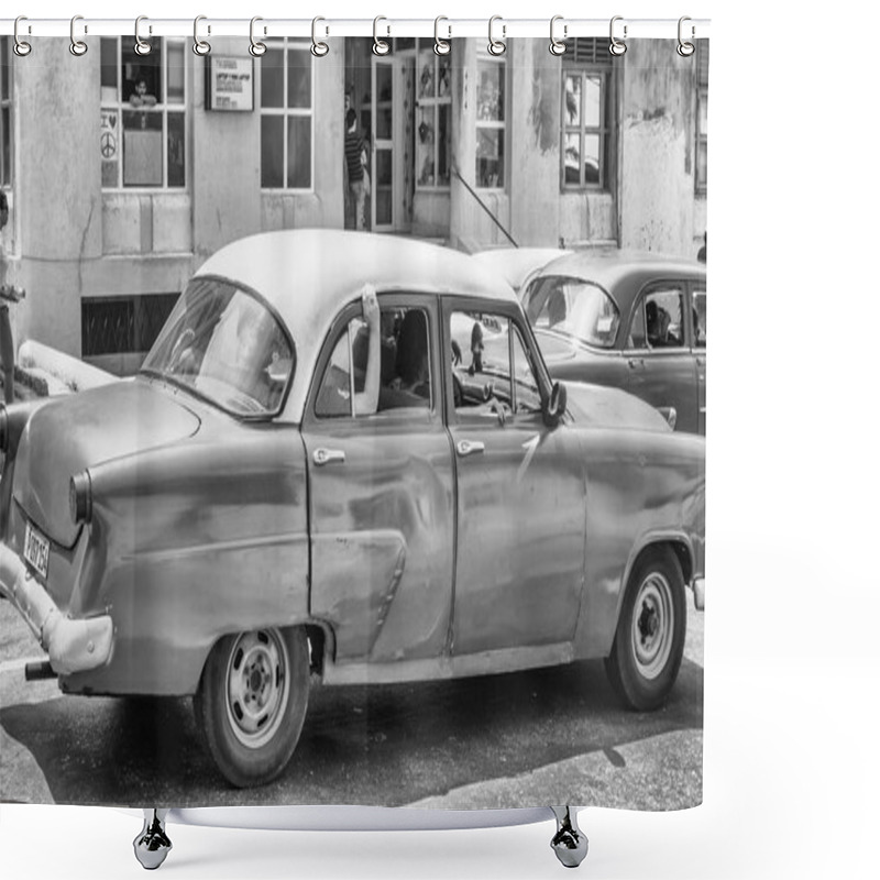 Personality  HABANA, CUBA - APRIL 5, 2016: Colourful Old Car In City Street. Almost All The Vehicles Used Are Second Hand In Cuba. Shower Curtains