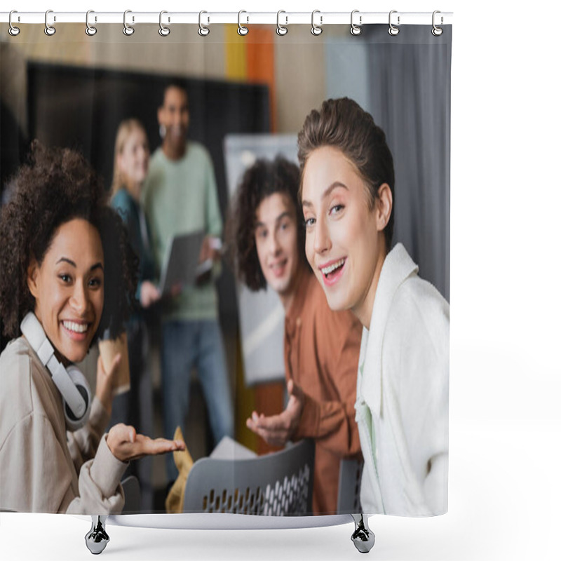 Personality  Happy Multiethnic Students Looking At Camera Near Classmates On Blurred Background Shower Curtains