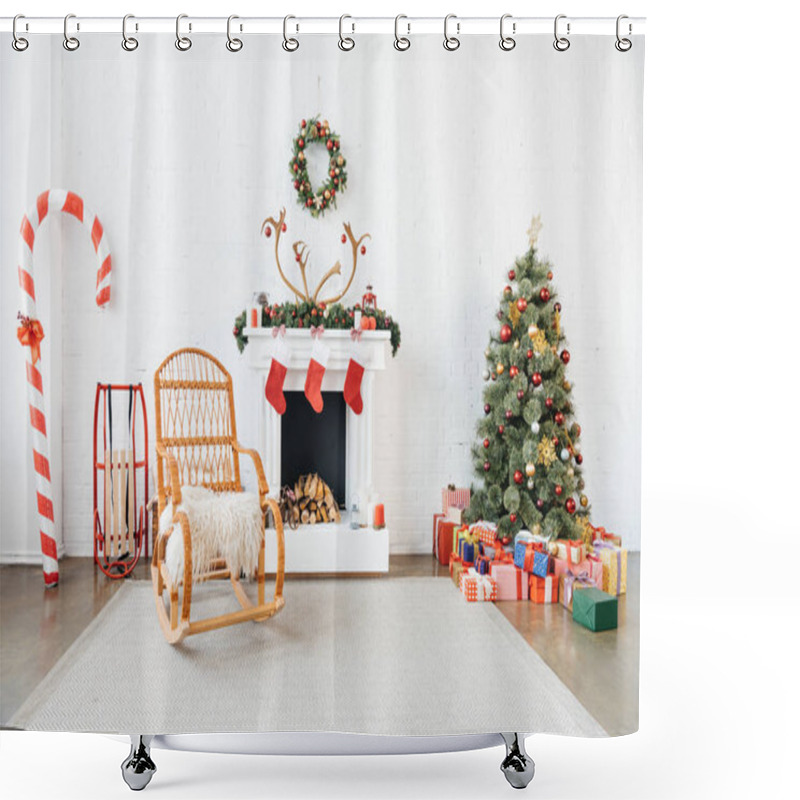 Personality  Decorated Room With Rocking Chair, Christmas Tree And Presents For Winter Holidays Celebration Shower Curtains