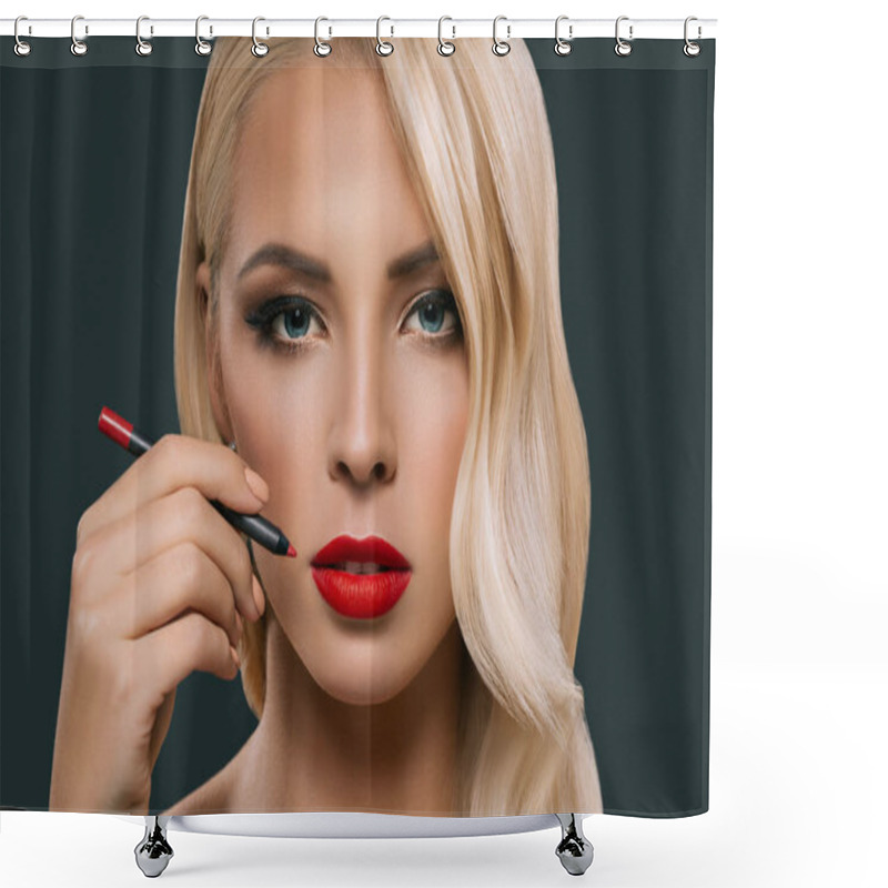 Personality  Beautiful Blonde Woman Making Red Lips With Cosmetic Pencil, Isolated On Grey Shower Curtains