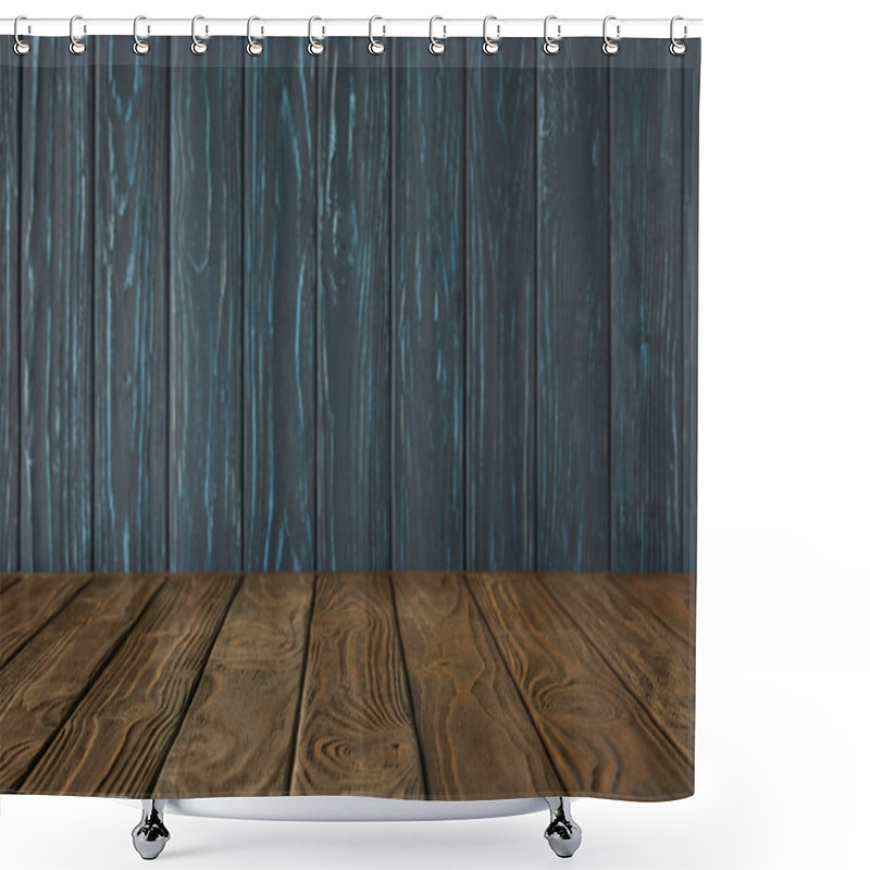 Personality  Brown Striped Tabletop And Dark Blue Wooden Wall Shower Curtains