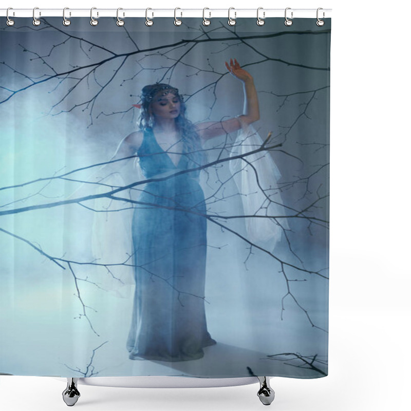 Personality  A Young Woman In A Blue Dress Stands Gracefully In A Foggy Setting, Embodying The Essence Of A Fairy-tale Elf Princess. Shower Curtains