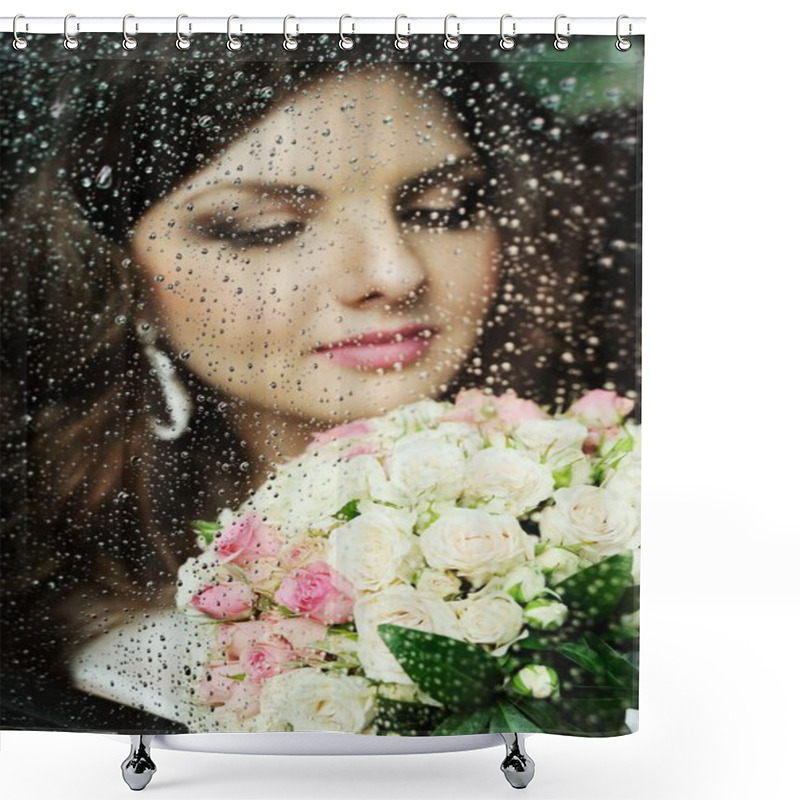 Personality  Portrait Of A Girl Behind Wet Glass. The Bride In A Wedding Car Shower Curtains