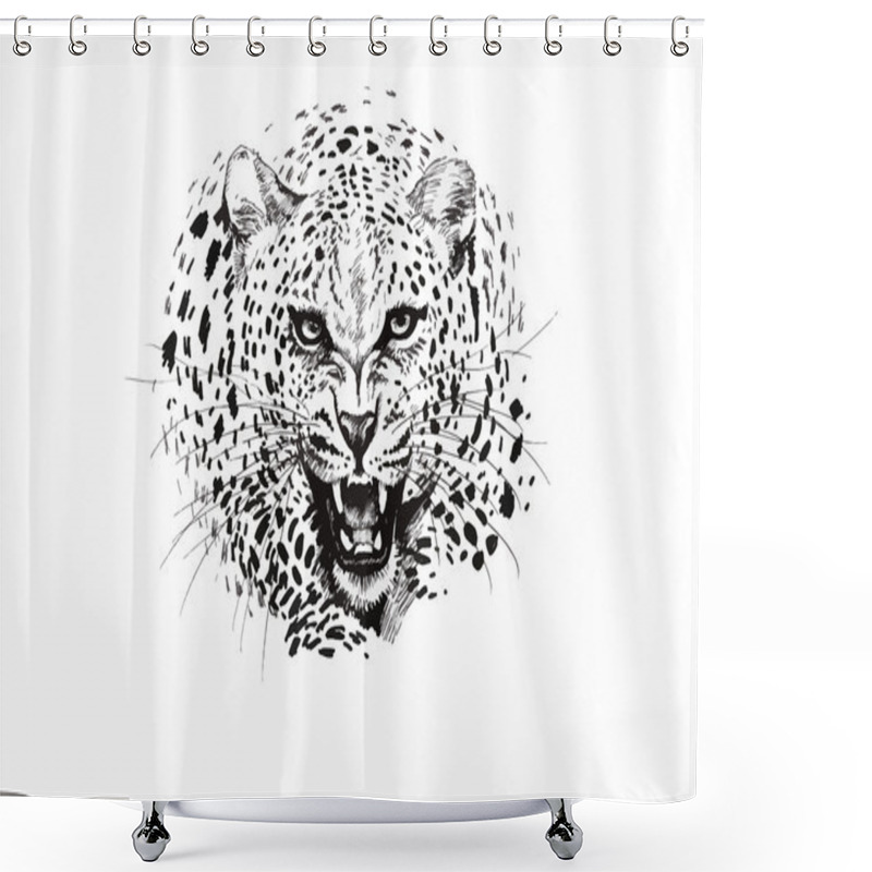 Personality  Angry Leopard Muzzle, Black And White Sketch Shower Curtains