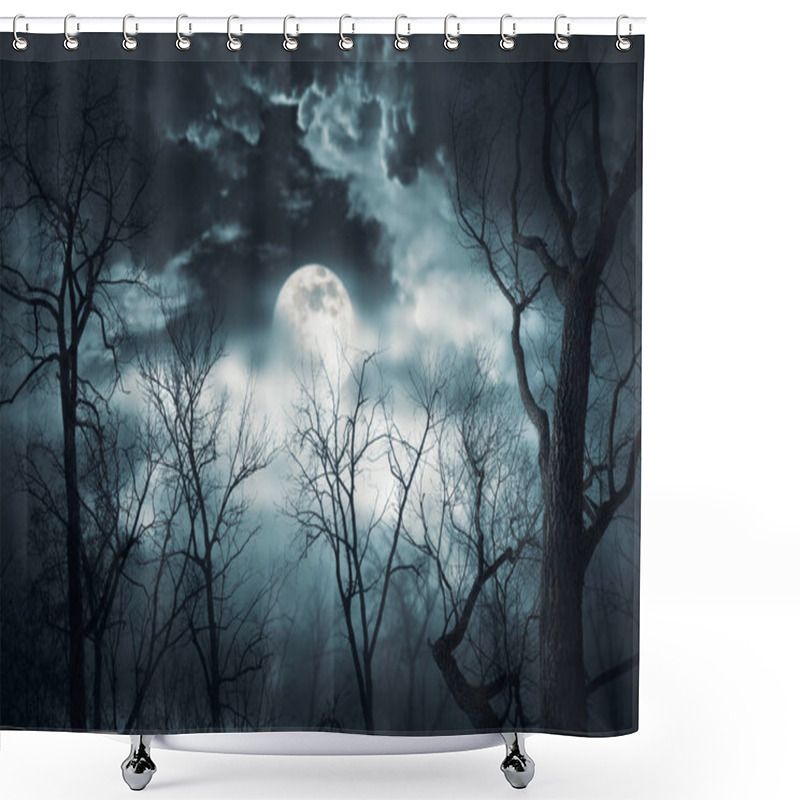 Personality  Dry Trees In The Misty Forest And Full Moon In The Sky, Dark Night And Horror Background Shower Curtains