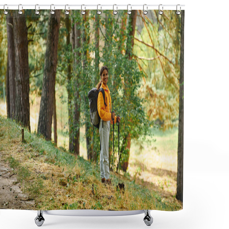 Personality  A Young African American Woman Explores A Beautiful Forest, Immersed In The Autumn Colors While Hiking. Shower Curtains