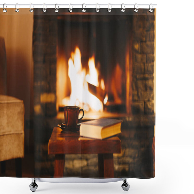 Personality  Cup Of Hot Drink In Front Of Warm Fireplace Shower Curtains