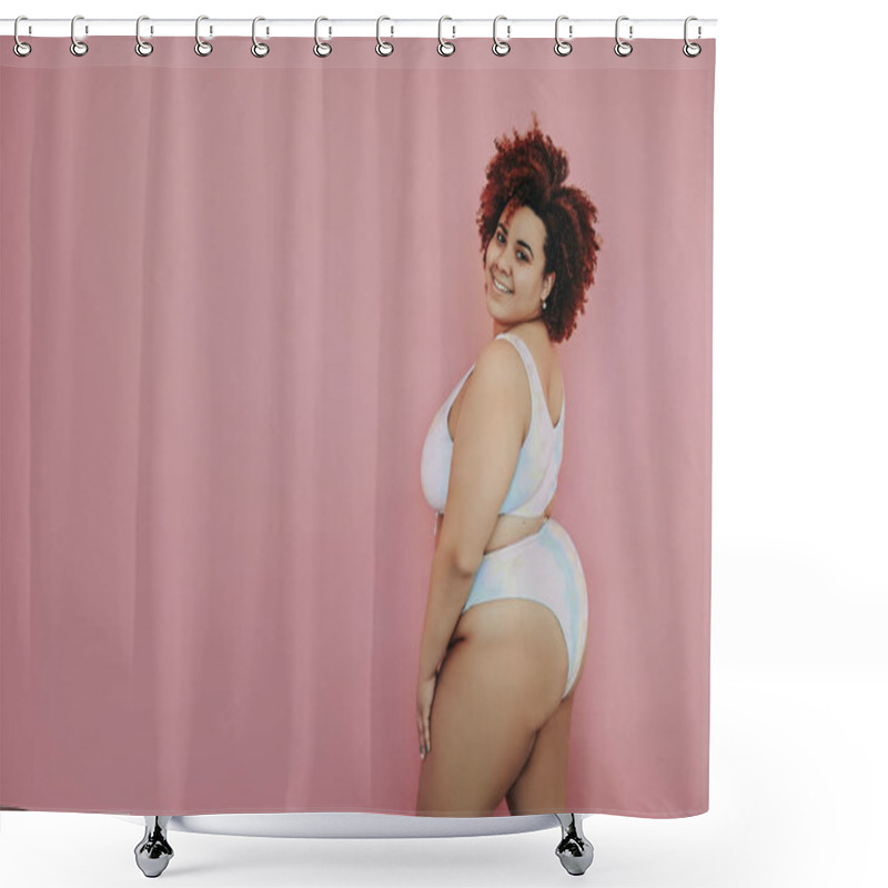 Personality  Happy Smiling Emotional Curvy Oversize African Black Woman Afro Hair Posing In Swimsuit Pink Background Isolated, Body Imperfection, Body Acceptance, Body Positive And Diversity Concept. Copy Space. Shower Curtains