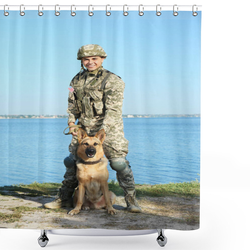 Personality  Man In Military Uniform With German Shepherd Dog Near River Shower Curtains