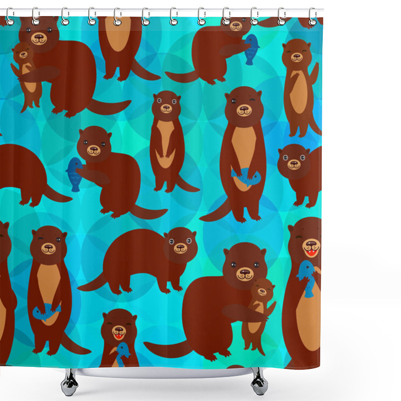 Personality  Seamless Pattern Funny Brown Otters With Fish On Blue Background. Kawaii Animals. Vector Illustration Shower Curtains