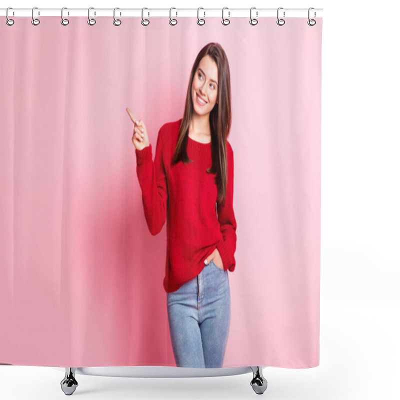 Personality  Photo Of Lovely Girl Hand Pocket Indicate Forefinger Look Empty Space Wear Red Sweater Jeans Isolated Pink Color Background Shower Curtains