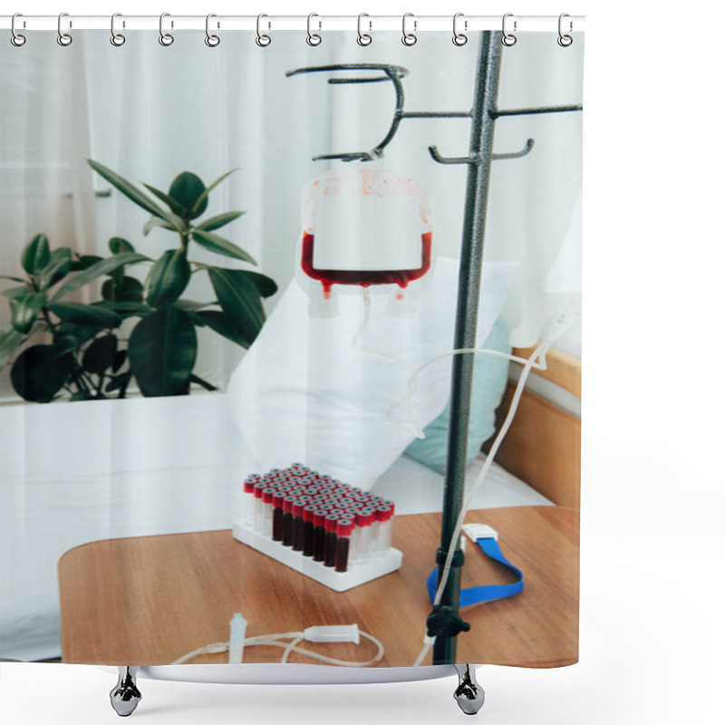 Personality  Bed With Pillow, Green Plant, Packed Cells And Blood Test Tubes In Hospital Ward Shower Curtains