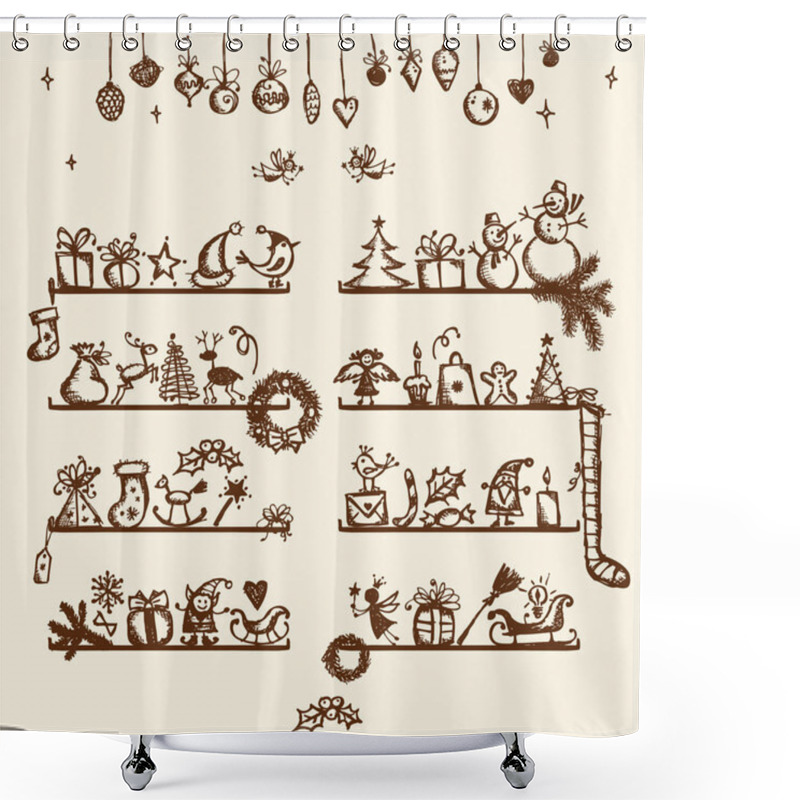 Personality  Christmas Shop, Sketch Drawing For Your Design Shower Curtains