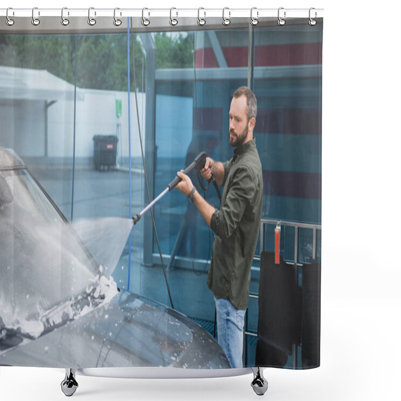 Personality  Handsome Man Cleaning Car Front Window At Car Wash With High Pressure Water Jet Shower Curtains