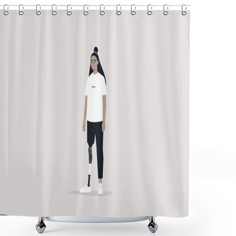 Personality  Young Female Asian Character With A Prosthetic Leg, Modern People With Disabilities, New Medical  Technologies, Flat Editable Vector Illustration, Clip Art Shower Curtains