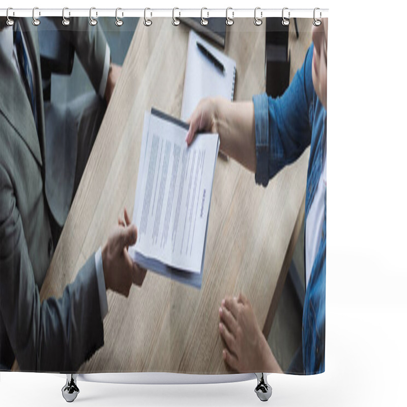 Personality  Top View Of Businessman And Woman Holding Resume On Job Interview In Office, Banner  Shower Curtains