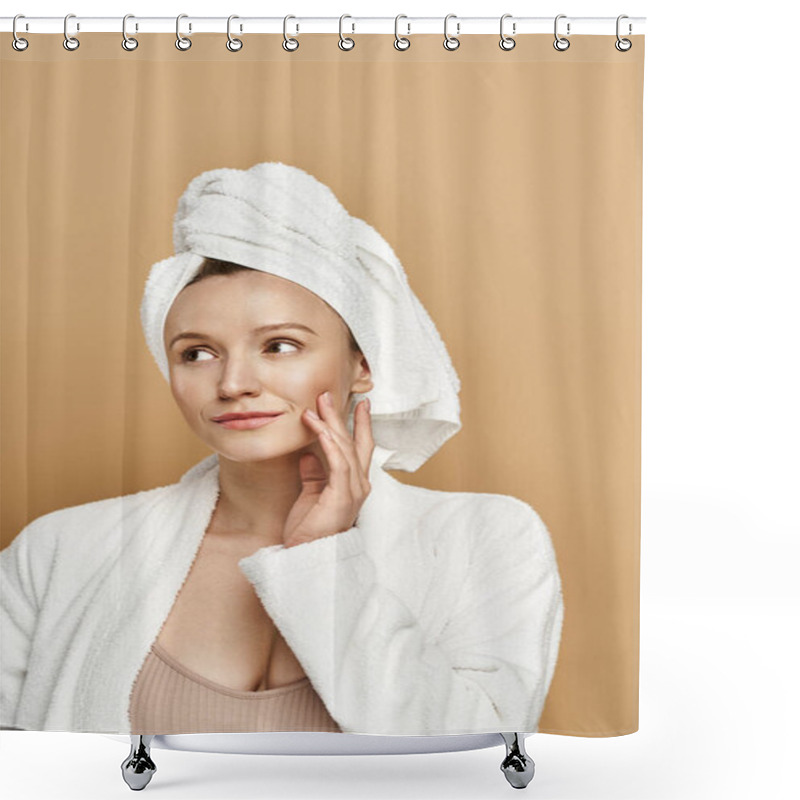 Personality  A Beautiful Woman With A Towel Wrapped Around Her Head, Exuding Natural Beauty And Tranquility. Shower Curtains