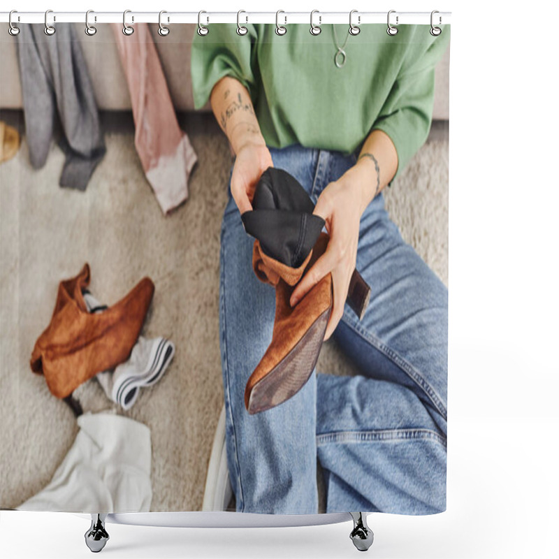 Personality  Partial View Of Young Woman With Tattoo Sitting On Floor In Living Room And Holding Suede Boot While Decluttering Clothes At Home, Top View, Sustainable Living And Mindful Consumerism Concept Shower Curtains