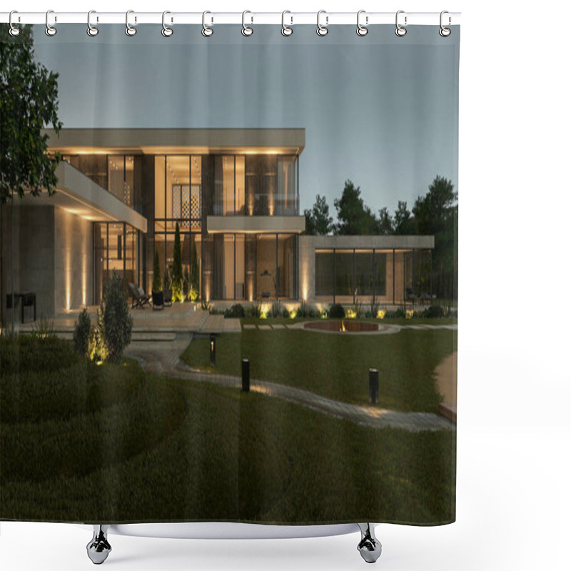 Personality  3D Visualization Of A Modern House With A Terrace And A Lake On The Site. Luxurious Villa With A Unique Facade. Architectural Object. Shower Curtains