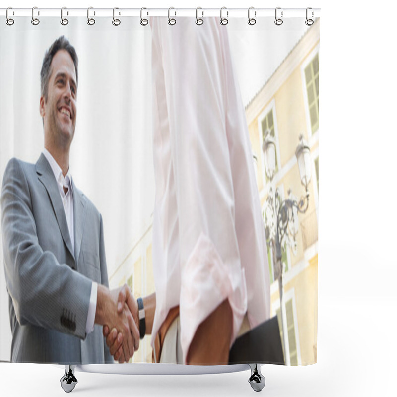 Personality  Portrait Of Two Businessmen Shaking Hands While Standing In Front Of A Classic European Building. Shower Curtains