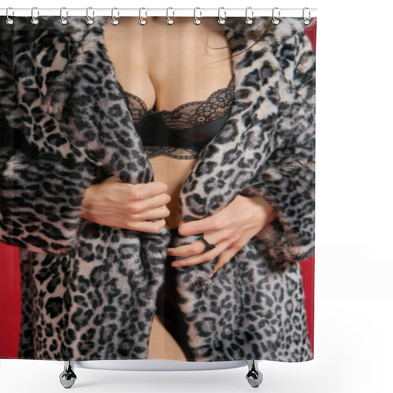 Personality  Young Woman In A Leopard Print Coat Posing Confidently. Shower Curtains