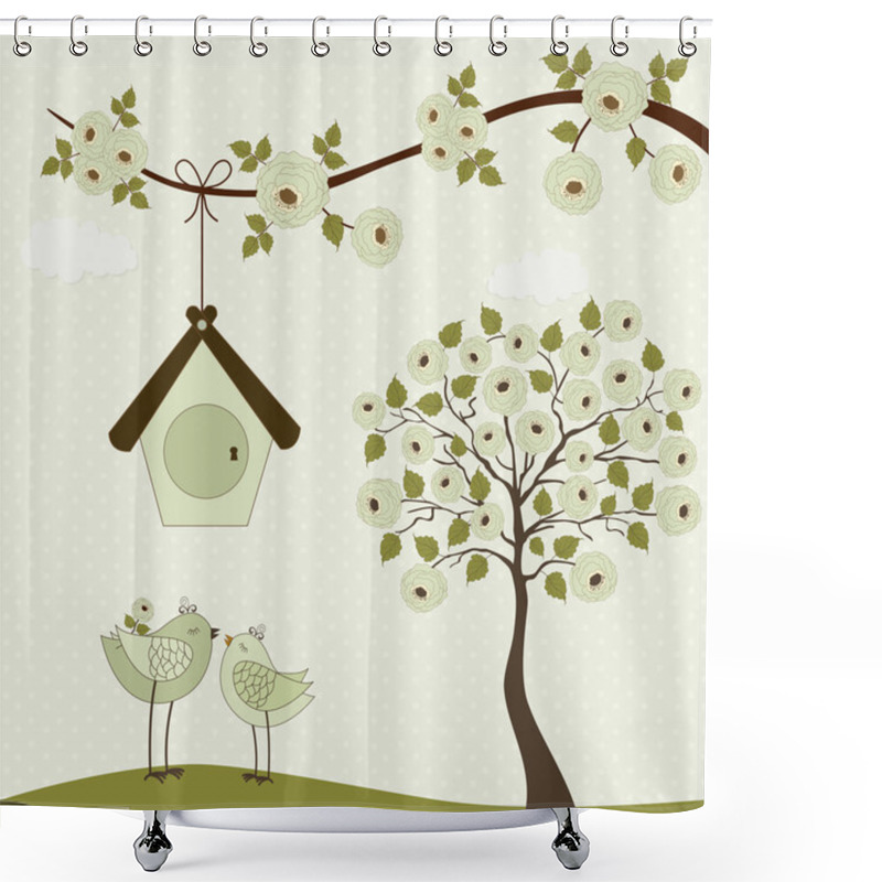 Personality  Cute Birds With Birdhouse And Roses Tree  Shower Curtains