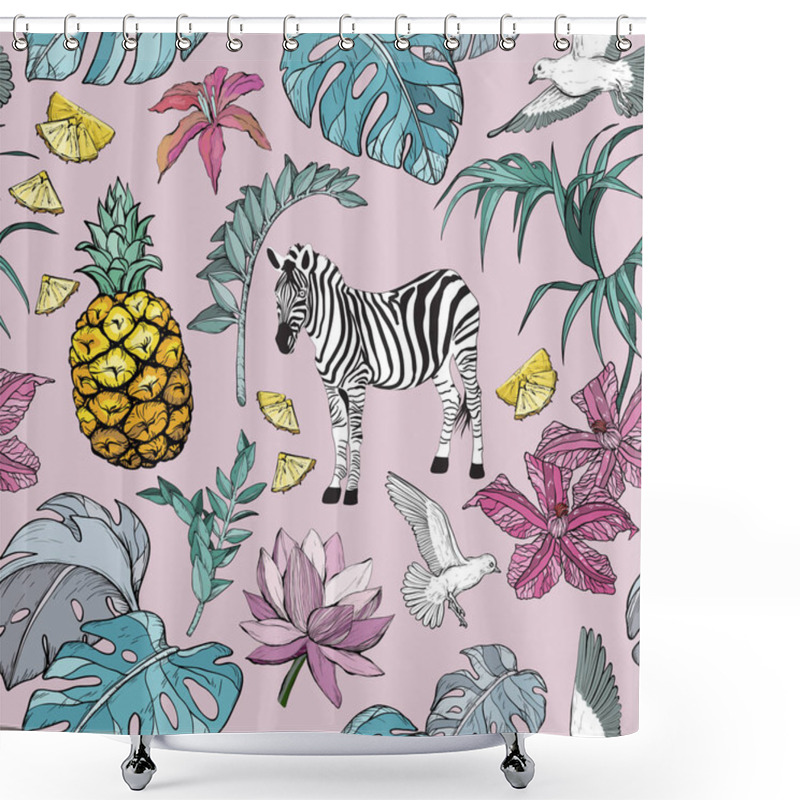 Personality  Seamless Pattern With Summer Tropical Flowers, Leaves And Zebra, Birds And Fruits Shower Curtains