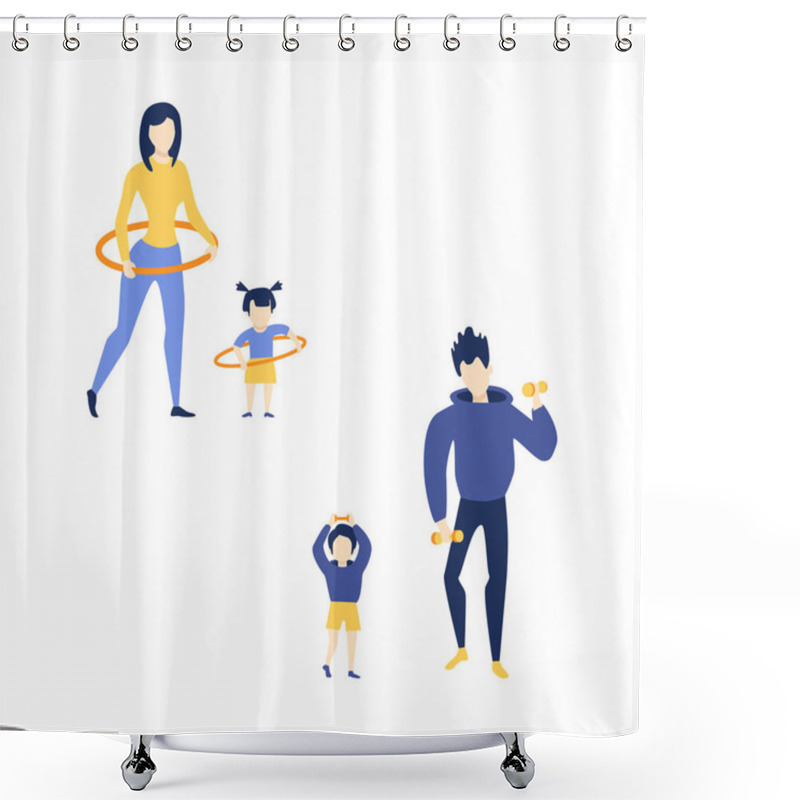 Personality  Vector Flat Girl Kid Adult Woman Boy Child Man Athletic Clothing Doing Dumbbell, Hula Hoop Rotating Workout Exercises. Active Lifestyle Family Character Doing Sport. Isolated Background Illustration Shower Curtains