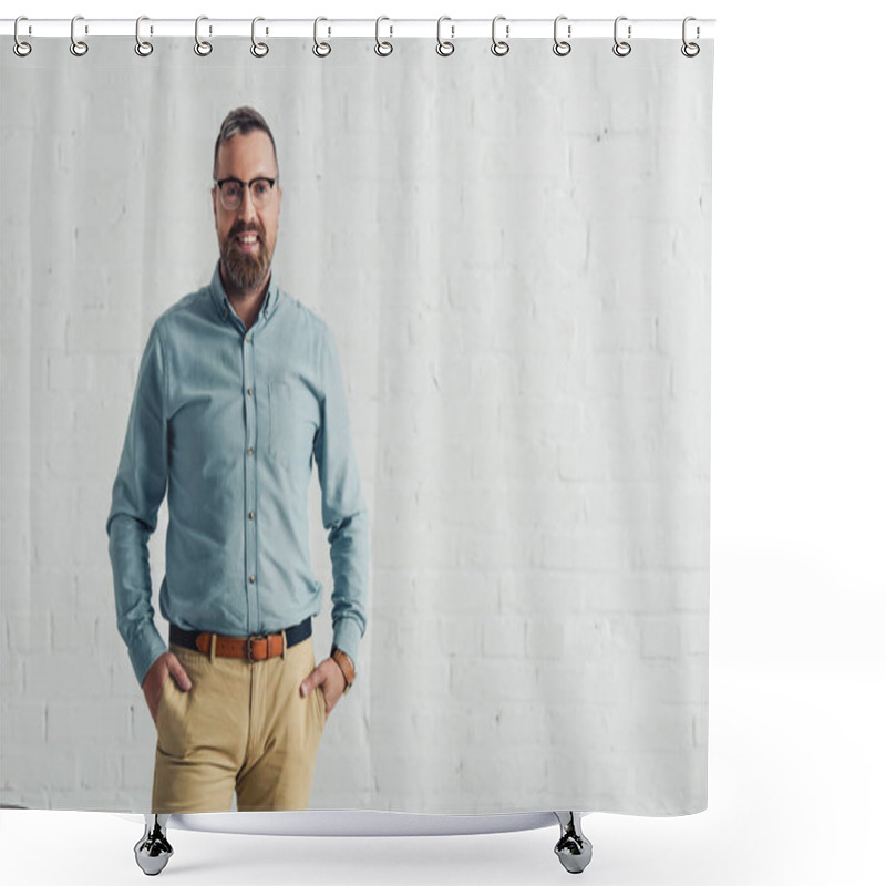 Personality  Handsome And Smiling Businessman In Shirt With Hands In Pockets  Shower Curtains