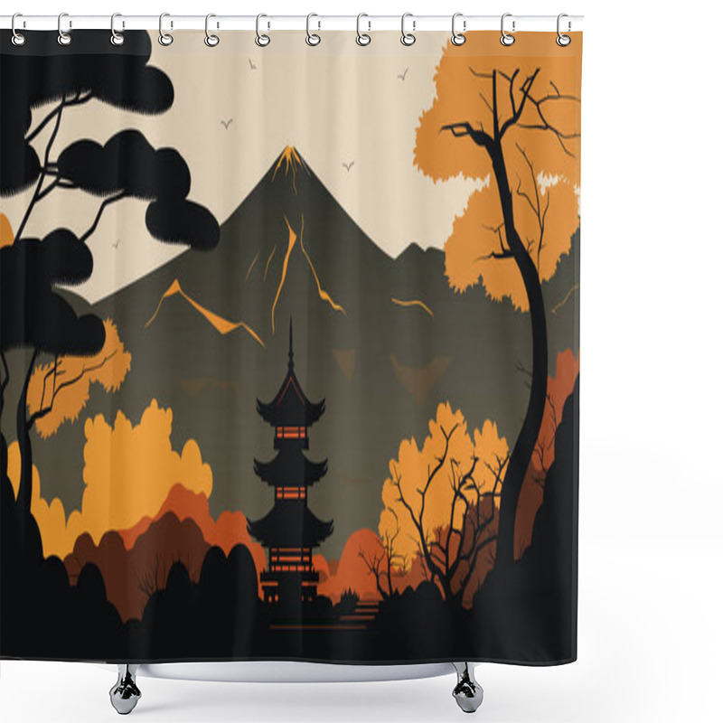 Personality  Japanese Landscape With Pagoda. Beautiful Japanese Temple Surrounded By Nature. Vector Stock Shower Curtains