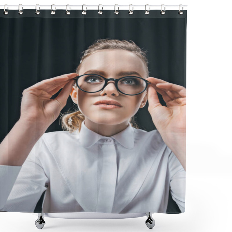 Personality  Young Woman In Eyeglasses Looking Away Shower Curtains