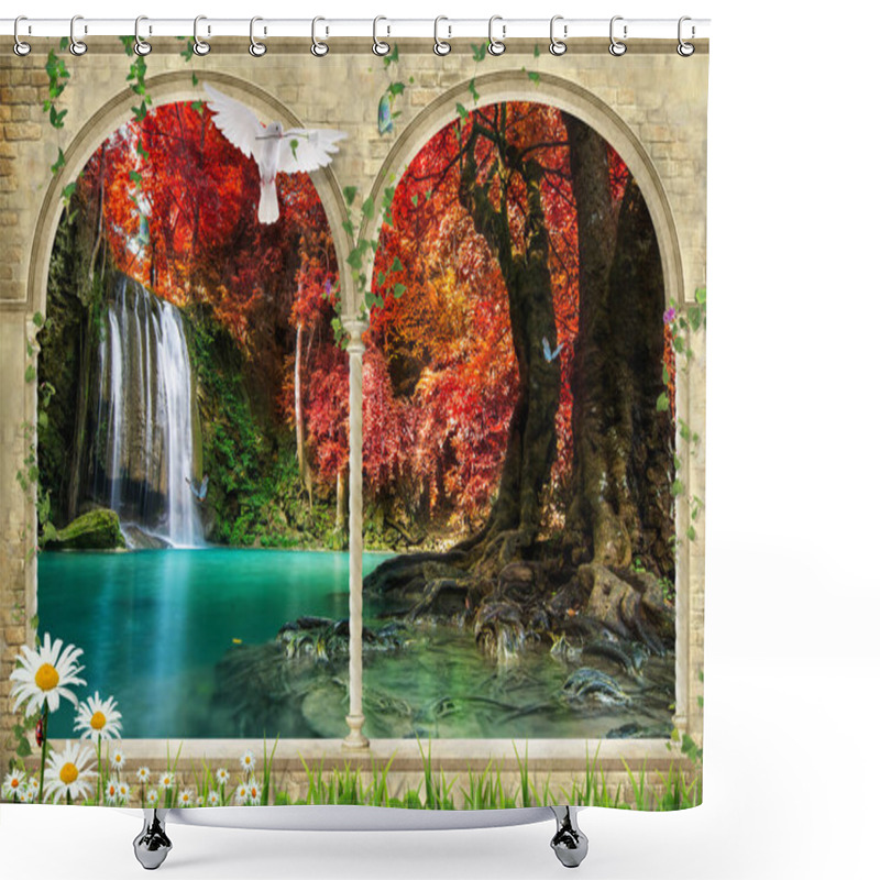 Personality  3d Flower , Butterfly Sky And Flower Home Brick Wall Background Shower Curtains