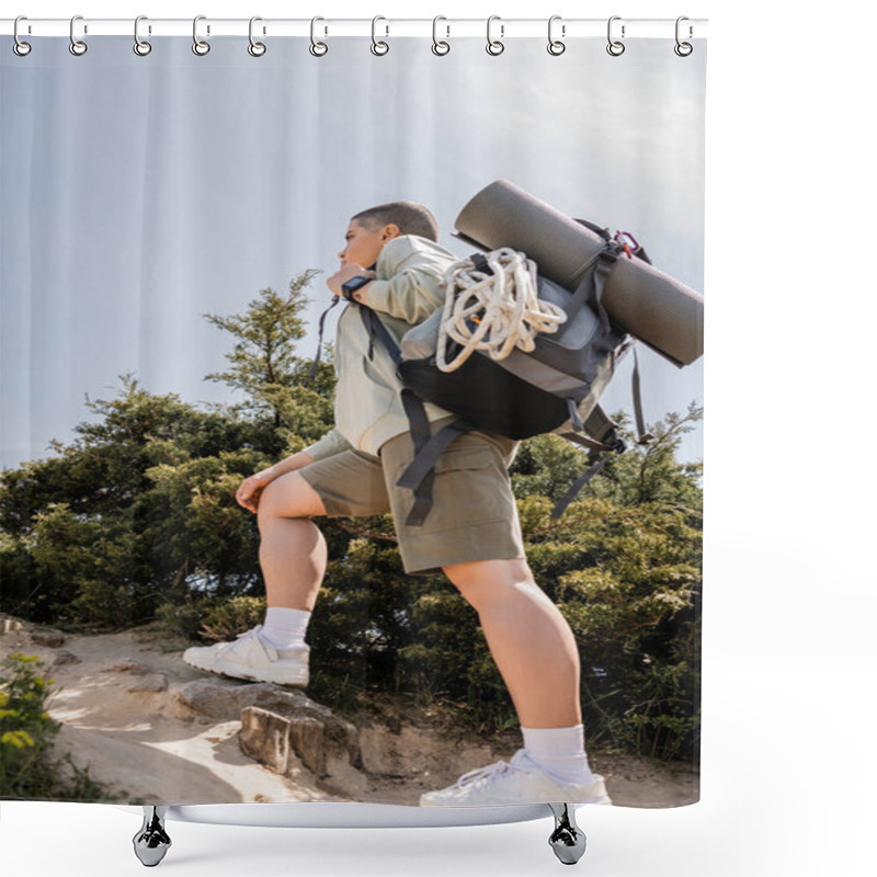 Personality  Low Angle View Of Young Short Haired Traveler With Backpack And Climbing Rope Walking On Hill With Stones And Nature At Background, Hiker Finding Inspiration In Nature, Summer Shower Curtains