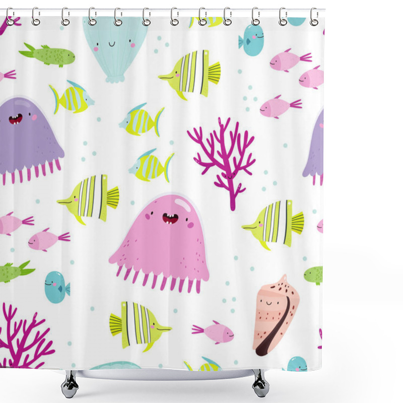 Personality  Super Cute Seamless Pattern With Undersea World. Funny Vector Background With Smiley Jellyfis, Fish, Coral, Shell. Hand Drawn Sea Creatures Texture Shower Curtains