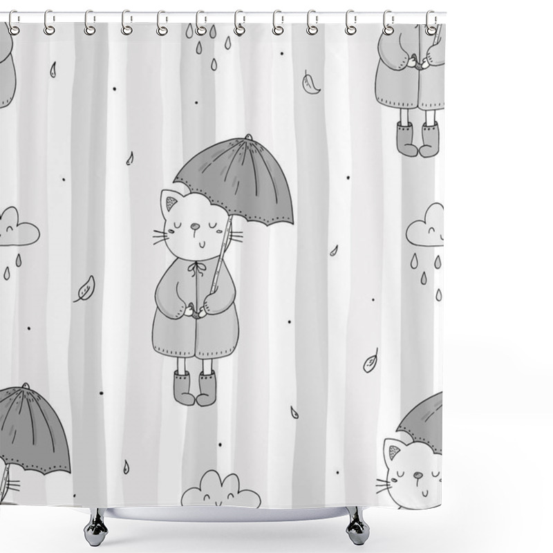 Personality  Cute Seamless Pattern With Funny Cat And Umbrella. Vector Print Shower Curtains