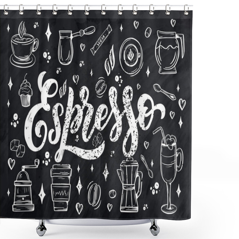 Personality  Hand Lettering Name Of Coffee With Sketch For Coffee Shop Or Cafe. Hand Drawn Vintage Typography Phrase, Isolated On White Background. Vector Shower Curtains