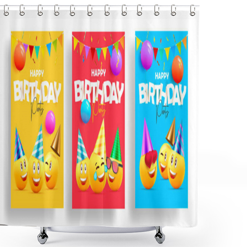 Personality  Set Of Birthday Cards Invitations Or Posters For Children Celebration With Smiling Faces In Hats And Paper Stickers As Letters Shower Curtains