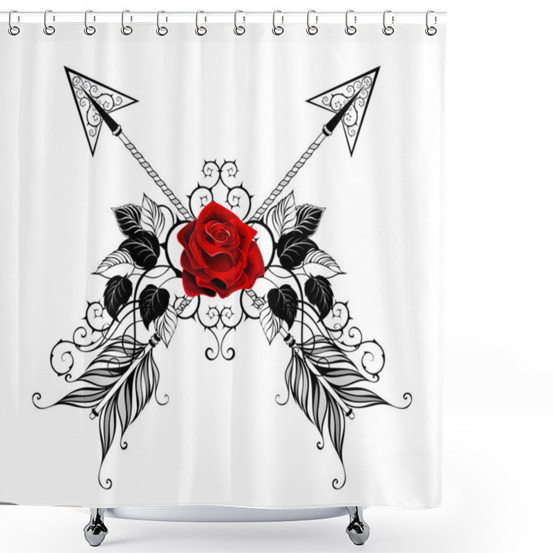 Personality  Two Crossed, Patterned Arrows Decorated With Red, Blooming Roses With Black Leaves And Stems On White Background. Tattoo Style. Shower Curtains