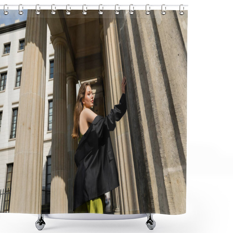 Personality  Trendy Young Woman In Silk Dress Holding Black Jacket And Standing In Berlin, Germany  Shower Curtains