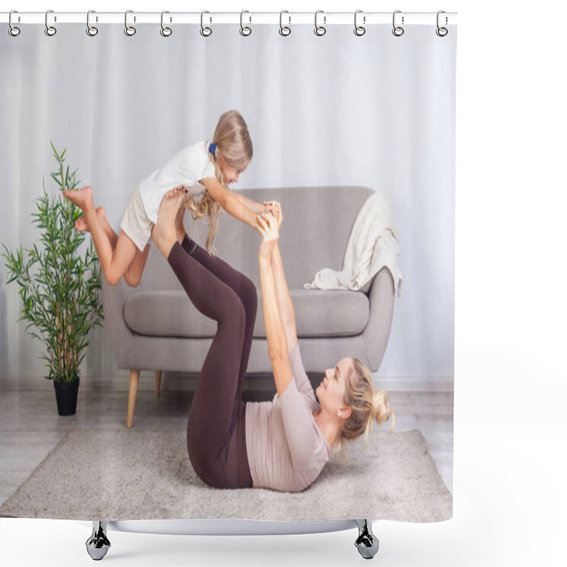 Personality  Positive Young Mother Practicing Yoga With Little Daughter, Rais Shower Curtains