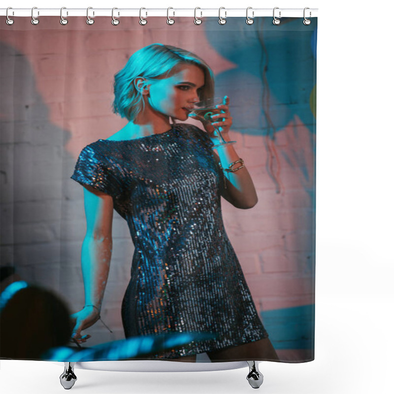 Personality  Attractive Blonde Girl Drinking Cocktail At Party Shower Curtains