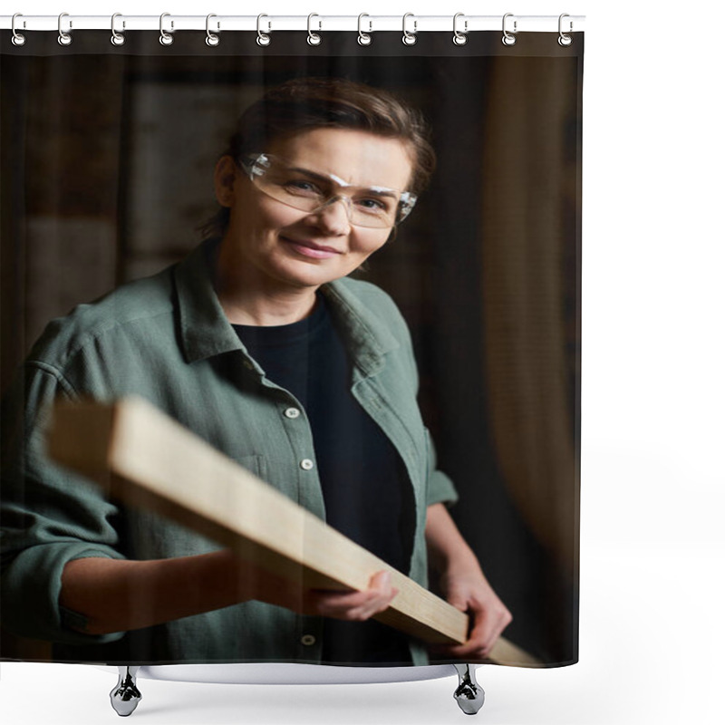 Personality  A Female Carpenter Focuses Intently On Her Wooden Project, Showcasing Her Skill And Passion For Woodworking. Shower Curtains