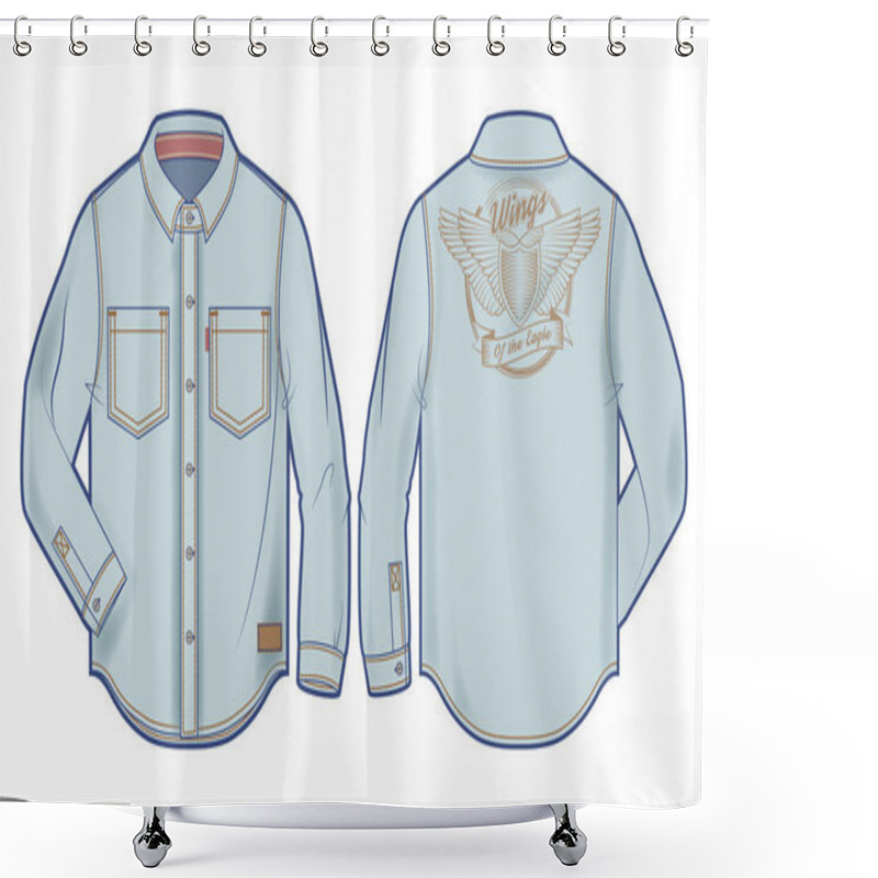 Personality  Long-sleeve Light Blue Denim Shirt With Bold Print On The Back Shower Curtains