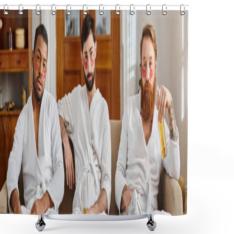 Personality  Three Diverse, Cheerful Men In Bathrobes Sitting Happily Together On Top Of A Couch. Shower Curtains