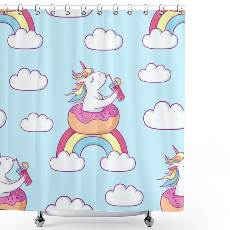 Personality  Cute Unicorn On Donut Swimming Ring Seamless Pattern. Magic Unicorn Drinking A Cocktail On Rainbow . Cartoon Flat Style Illustration. Template For Printing, Sticker, Texture, Wallpaper, Postcard. Shower Curtains