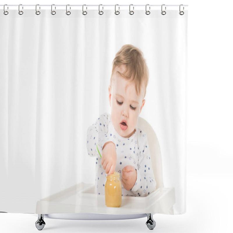 Personality  Little Boy Eating Puree From Jar And Sitting In Highchair Isolated On White Background  Shower Curtains