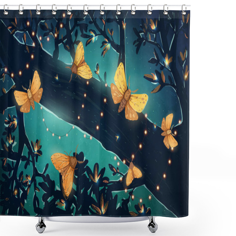 Personality  Vector Illustration With Magical Glowing Night Butterflies In The Forest. Festive Decorations, Holiday Lights. Shower Curtains