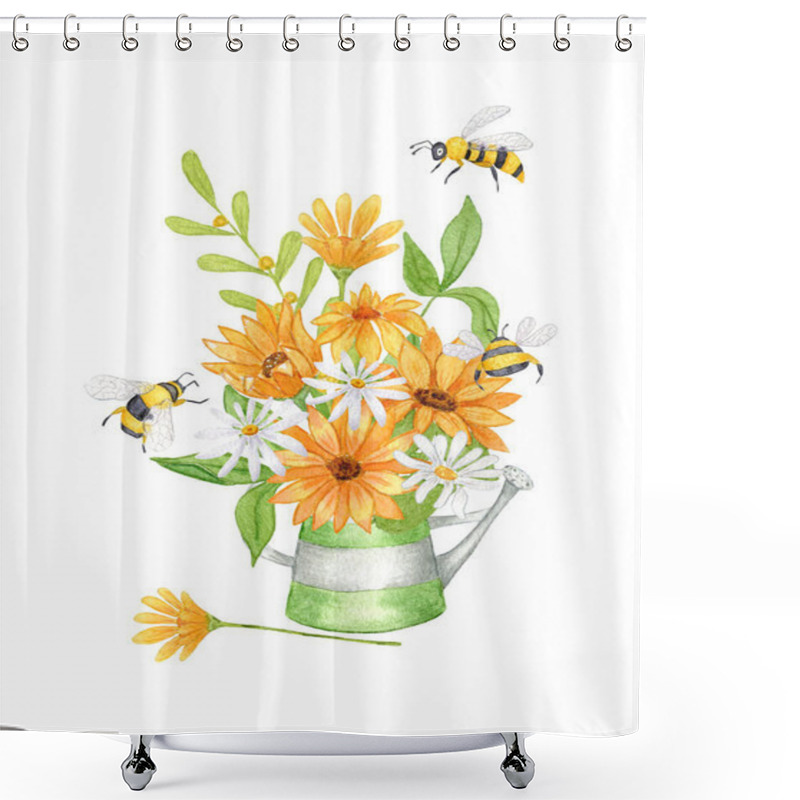 Personality  Watercolor Sunflower Clipart. A Bouquet Of Sunflowers In A Metal Watering Can. A Composition Of Sunflowers, Daisies And Bees. Hand Drawing Shower Curtains